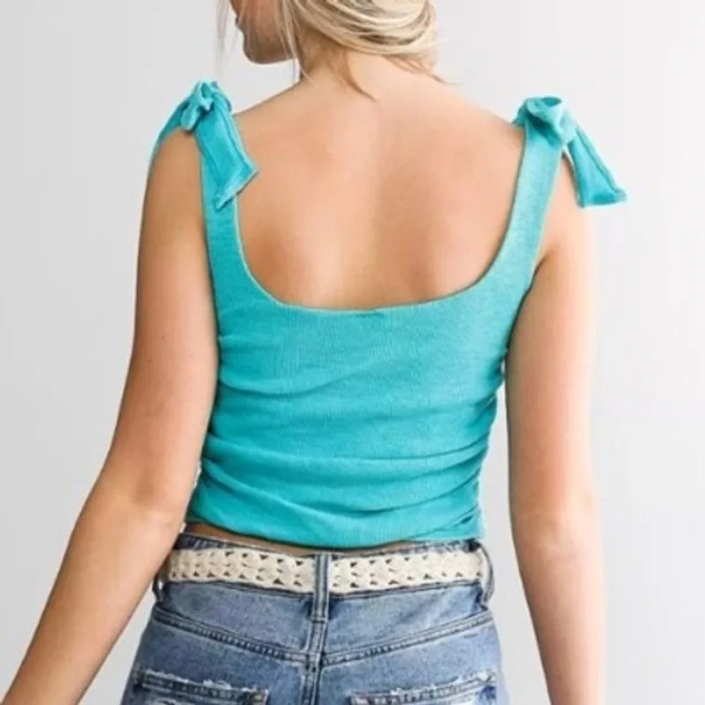Free People‎ Crop Top Womens Small Mint Green Tie Shoulder Ruched Ribbed Boho